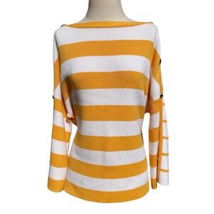 Per Se White And Yellow Broad Striped Pullover Knit Sweater Gold Buttons Size ML